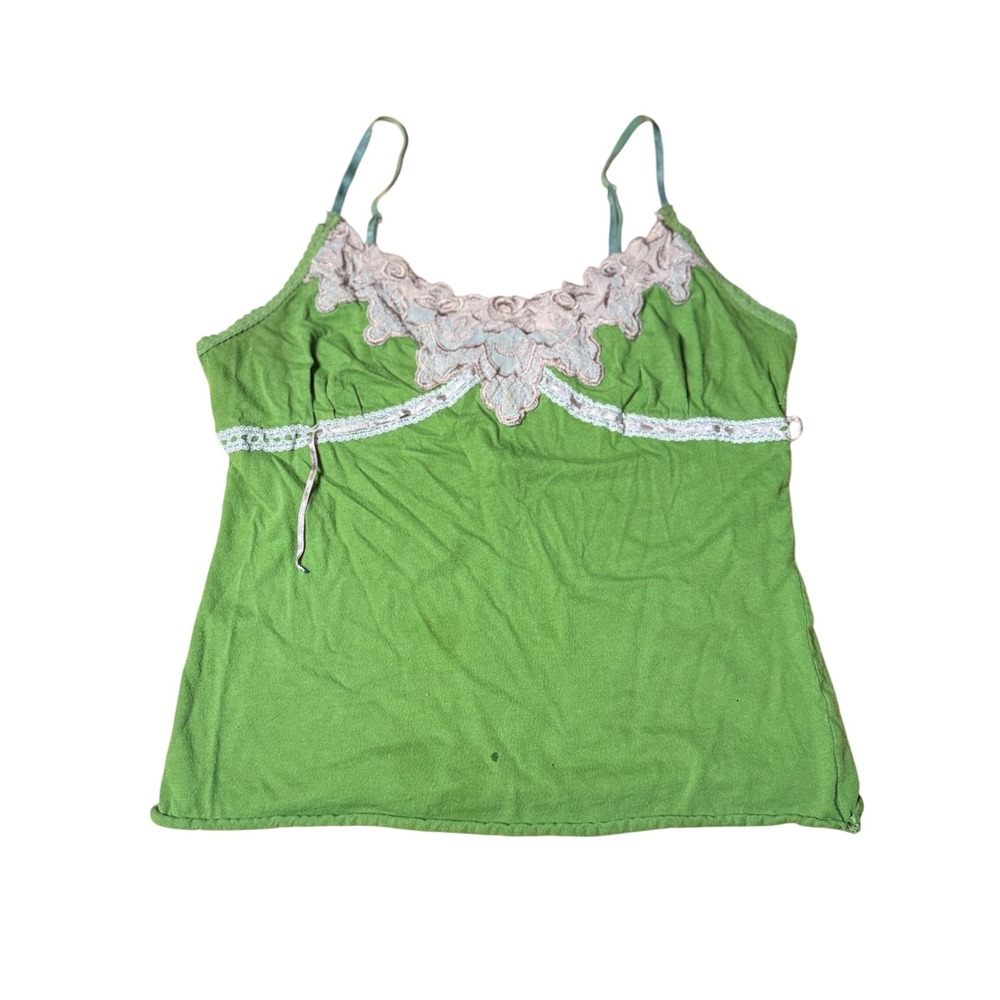 New York & Company Green Cotton Lace Trim Cami Top